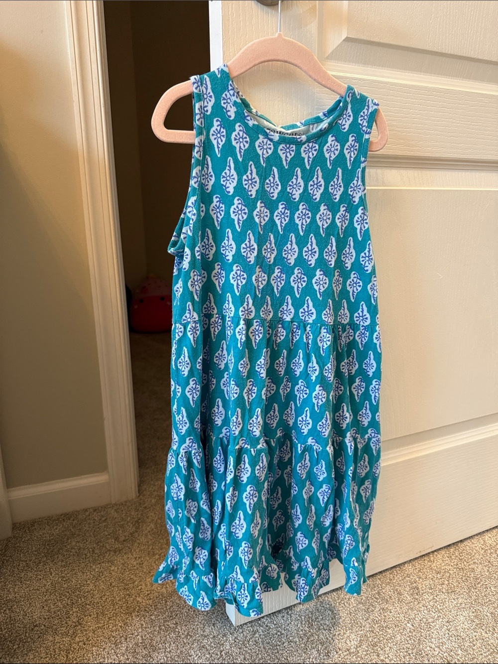 Crewcuts Teal and White Sleeveless Printed Tiered Dress
